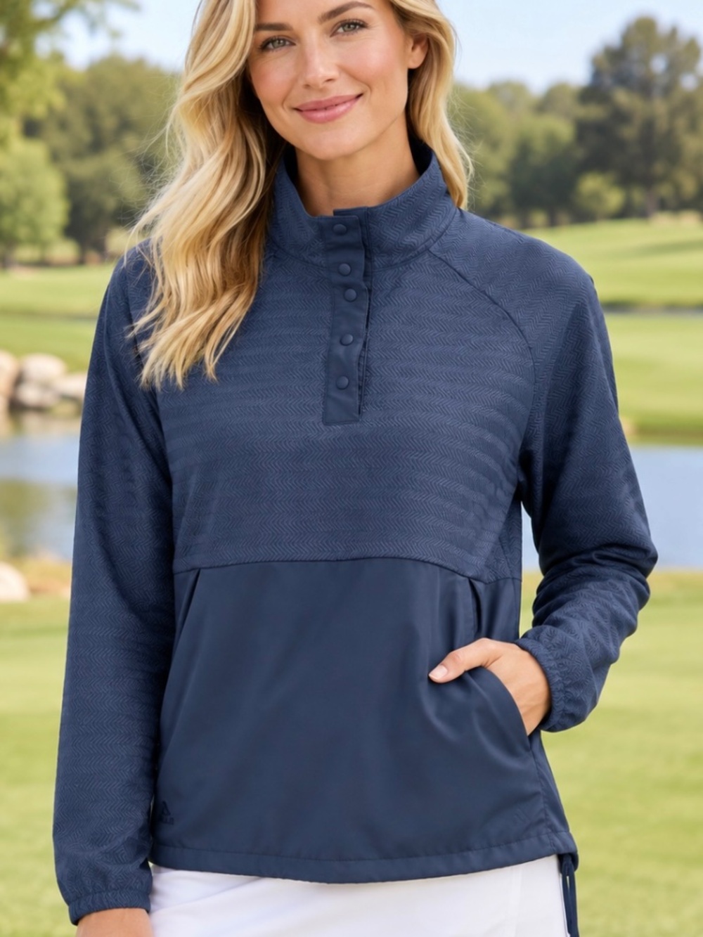 Adidas navy blue, quarter snap golf pullover.